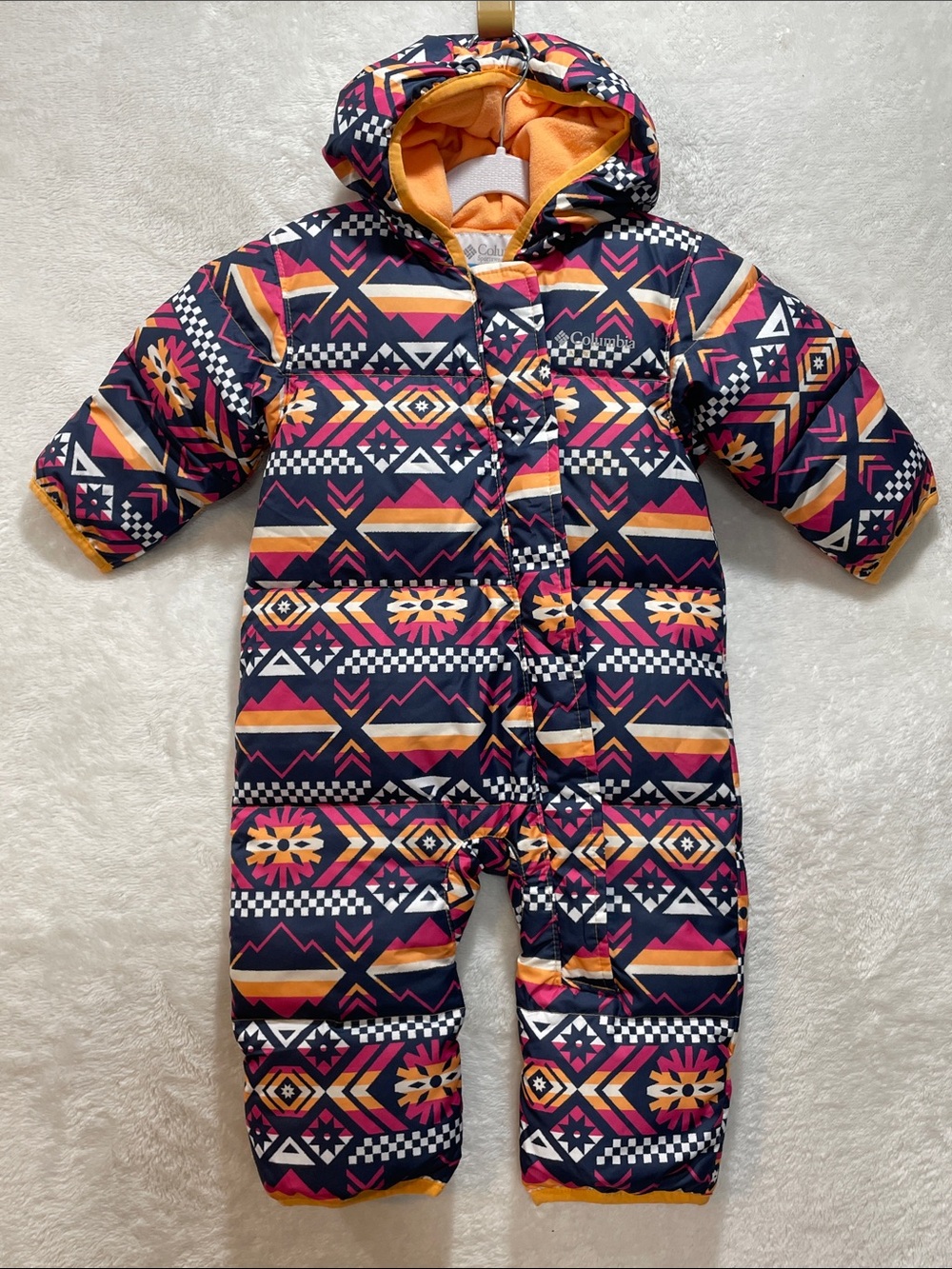 Columbia Infant Down Snowsuit 6-12 Months Navy Orange Pink Aztec Print Like NEW
